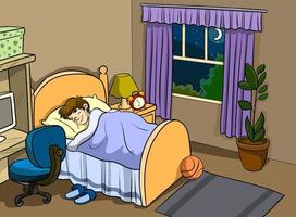 menino dormindo na cama. quarto com janela à noite. bons sonhos. ilustração vetorial vetor