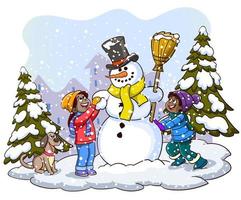 ilustração de crianças fazendo um boneco de neve vetor