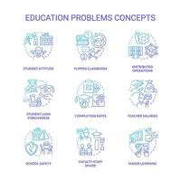 conjunto de ícones de conceito gradiente azul problema de educação. questões dos alunos. sistema educacional desafia ilustrações de cores de linha fina de ideia. símbolos isolados. vetor