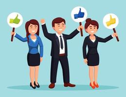 grupo de empresários com polegares para cima. mídia social. boa opinião. depoimentos, feedback, conceito de revisão do cliente vetor
