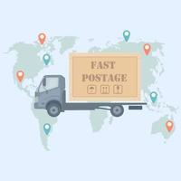 serviço de entrega rápida gratuita por caminhão, van. auto viaja com um pacote no mapa vetor