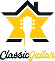 design de logotipo de vetor de casa de música. um logotipo de loja de música com uma silhueta de guitarra.