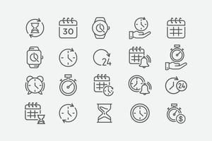 tempo e relógio vector conjunto de ícones lineares. temporizador, alarme, calendário, hora, cronômetro, ampulheta e muito mais. coleção de ícones de tempo. ilustração vetorial