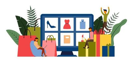 compras online, conceito de e-commerce com personagem, ilustração vetorial vetor