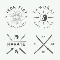 conjunto de logotipo vintage de karatê ou artes marciais, emblema, crachá, rótulo e elementos de design em estilo retro. ilustração vetor