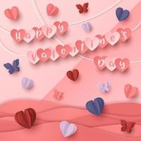 feliz dia dos namorados estilo de corte de papel com forma de coração colorido em fundo rosa