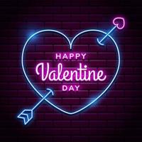 feliz dia dos namorados fundo com coração de néon de vetor rosa brilhante em paredes de tijolo vermelho