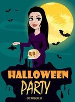 convite para festa de halloween feliz. bela dama em estilo gótico, vestido longo preto. vetor