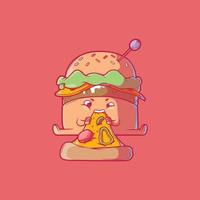 hambúrguer bonito comendo uma ilustração vetorial de fatia de pizza. comida, engraçado, conceito de design de mascote. vetor