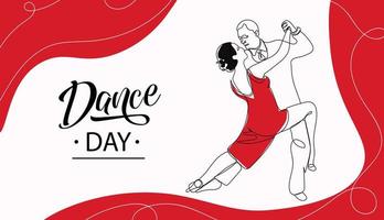 um homem e uma mulher dançando uma ilustração vetorial de tango romântico é desenhada com uma linha. dia de dança. uma mulher em uma aula de dança de vestido vermelho, lazer, conceito de tango vetor
