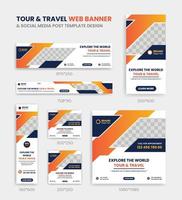 tour ands travel web banner social media post design template set banners verticais, horizontais e quadrados com tamanho padrão. vetor