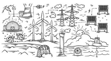 conjunto de ícones de doodle de ecologia desenhado à mão de energia renovável vetor