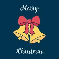 lindo cartão de feliz natal com sinos dourados e arco. ilustração em vetor quadrado de dois sinos em fundo escuro. composição do símbolo de natal e texto vintage