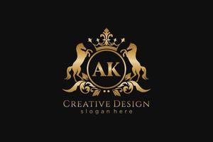 crista dourada retrô inicial ak com círculo e dois cavalos, modelo de crachá com pergaminhos e coroa real - perfeito para projetos de marca luxuosos vetor
