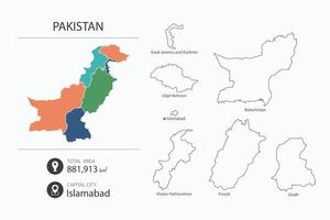 mapa do Paquistão com mapa detalhado do país. elementos do mapa de cidades, áreas totais e capitais. vetor