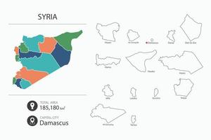 mapa da síria com mapa detalhado do país. elementos do mapa de cidades, áreas totais e capitais. vetor