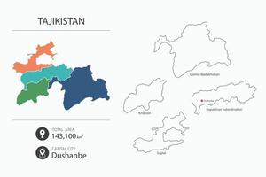 mapa do tajiquistão com mapa detalhado do país. elementos do mapa de cidades, áreas totais e capitais. vetor