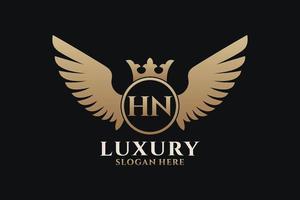 luxo royal wing letter hn crest gold color logo vector, logotipo da vitória, logotipo da crista, logotipo da asa, modelo de logotipo vetorial. vetor