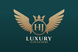 luxo royal wing letter hj crest gold color logo vector, logotipo da vitória, logotipo da crista, logotipo da asa, modelo de logotipo vetorial. vetor