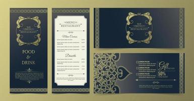 menu de restaurante ornamental azul e dourado e conjunto de vouchers