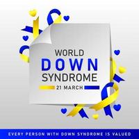 cartaz de vetor do dia mundial da síndrome de down com fita azul e amarela. cartaz social 21 de março dia mundial da síndrome de down.