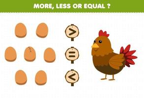 jogo de educação para crianças mais menos ou igual conte a quantidade de ovo de desenho animado fofo e planilha de fazenda imprimível de galinha vetor