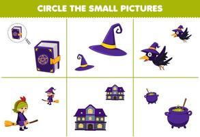 jogo de educação para crianças circule a pequena imagem do livro mágico bonito dos desenhos animados chapéu corvo bruxa caldeirão casa assustadora planilha de halloween imprimível vetor