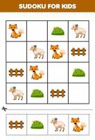 jogo de educação para crianças sudoku para crianças com planilha de fazenda imprimível bonito desenho animado raposa ovelha arbusto vetor