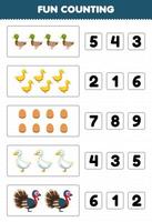 jogo de educação para crianças diversão contando e escolhendo o número correto de planilha de fazenda imprimível de ovo de pato bonito dos desenhos animados peru vetor