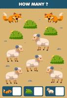 jogo de educação para crianças pesquisando e contando quantos objetos de planilha de fazenda para impressão de ovelha de raposa de desenho animado fofo vetor
