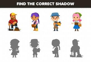 jogo de educação para crianças encontre o conjunto de sombras correto da planilha de fazenda imprimível de agricultor de lenhador de desenho animado fofo vetor