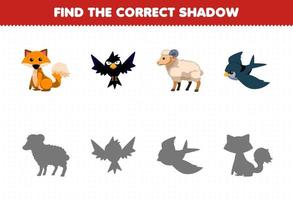 jogo de educação para crianças, encontre o conjunto de sombras correto de desenho animado bonito raposa corvo ovelha pássaro planilha de fazenda imprimível vetor