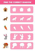 jogo de educação para crianças, encontre a silhueta de sombra correta de bonito desenho animado canil cachorro cenoura coelheira planilha de fazenda imprimível vetor