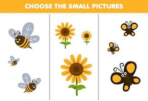 jogo de educação para crianças, escolha a imagem pequena da planilha de fazenda para impressão de borboleta de girassol de abelha de desenho animado bonito vetor