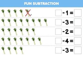 jogo de educação para crianças diversão subtração contando o alho-poró dos desenhos animados em cada linha e eliminando-o planilha de vegetais imprimível vetor