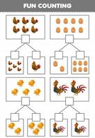jogo de educação para crianças diversão contando imagens em cada caixa de planilha de fazenda imprimível de galinha de desenho animado bonito galinha galinha ovo pintinho galo vetor