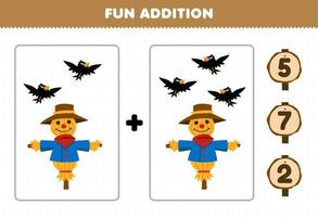 jogo de educação para crianças adição divertida por contagem e escolha a resposta correta de planilha de fazenda imprimível de corvo de desenho animado fofo e espantalho vetor