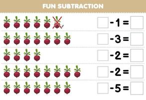 jogo educativo para crianças subtração divertida contando beterraba de desenho animado em cada linha e eliminando-a planilha de vegetais imprimível vetor