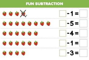 jogo educativo para crianças subtração divertida contando morango de desenho animado em cada linha e eliminando-o planilha de frutas imprimível vetor