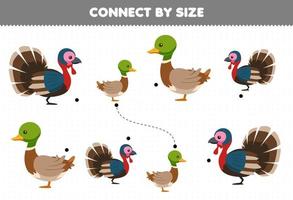 jogo educativo para crianças conectar pelo tamanho da planilha de fazenda para impressão de peru e pato de desenho animado fofo vetor