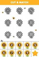 jogo educativo para crianças conte os pontos em cada silhueta e combine-os com a planilha de fazenda imprimível de girassol numerada correta vetor