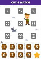 jogo educativo para crianças conte os pontos em cada silhueta e combine-os com a planilha de fazenda imprimível com barril numerado correto vetor