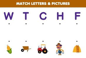 jogo de educação para crianças combinar letras e fotos de desenho animado bonito carrinho de mão de milho trator agricultor palheiro planilha de fazenda imprimível vetor