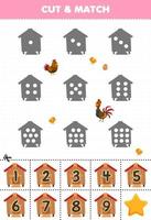 jogo educativo para crianças conte os pontos em cada silhueta e combine-os com a planilha de fazenda imprimível numerada correta vetor