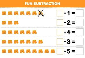 jogo de educação para crianças diversão subtração contando a calça curta laranja dos desenhos animados em cada linha e eliminando-a planilha de roupas vestíveis imprimíveis vetor