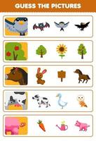 jogo de educação para crianças adivinhe as imagens corretas de desenho animado bonito pássaro árvore cavalo vaca porco planilha de fazenda imprimível vetor