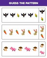 jogo de educação para crianças adivinhe o padrão de cada linha de desenho animado bonito corvo milho coelho cenoura cogumelo porco planilha de fazenda imprimível vetor