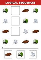 jogo de educação para crianças sequências lógicas para crianças com sapatos de capacete de desenho animado fofos meias planilha de roupas vestíveis para impressão vetor