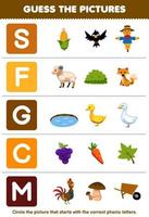 jogo de educação para crianças adivinhar a imagem correta para a palavra fônica que começa com a letra sfgc e m planilha de fazenda imprimível vetor