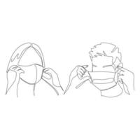 ilustração vetorial de uma pessoa colocando uma máscara desenhada no estilo de linha de arte vetor
